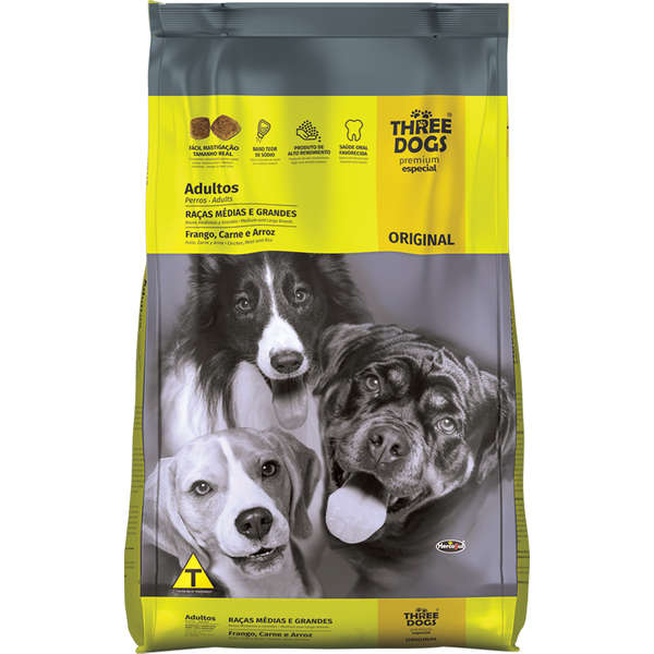 Ração Three Dogs Original Cães Raças Médias e Grandes Adultos Frango e Carne - 15Kg